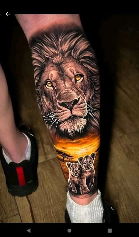 Family Tattoos Sleeve, Dad And Kids Tattoo, Lion Leg Sleeve, Lion Leg Tattoo, Lioness And Cub Tattoo, Lion Cub Tattoo, Lion And Lioness Tattoo, Cub Tattoo, Lion Shoulder Tattoo