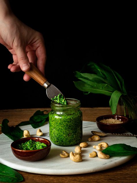 Wild garlic pesto Pesto Food Photography, Pesto Food, Wild Garlic Pesto, Garlic Pesto, Food Photoshoot, Food Video, Wild Garlic, Product Photographer, Western Food