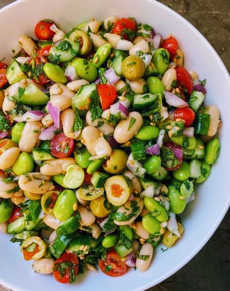 Creamy White Beans, Mint Dressing, Salad Aesthetic, Sweet Custard, Edamame Salad, Olive Salad, White Bean Salad, Salad Ideas, Lime Dressing