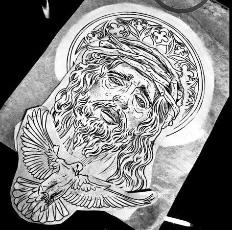 Jesus Portrait Tattoo, Jesus Tattoo Design, Etching Tattoo, Lettering Styles Alphabet, Jesus Tattoo, Half Sleeve Tattoos For Guys, Spiritual Tattoos, Chest Piece, Lettering Styles