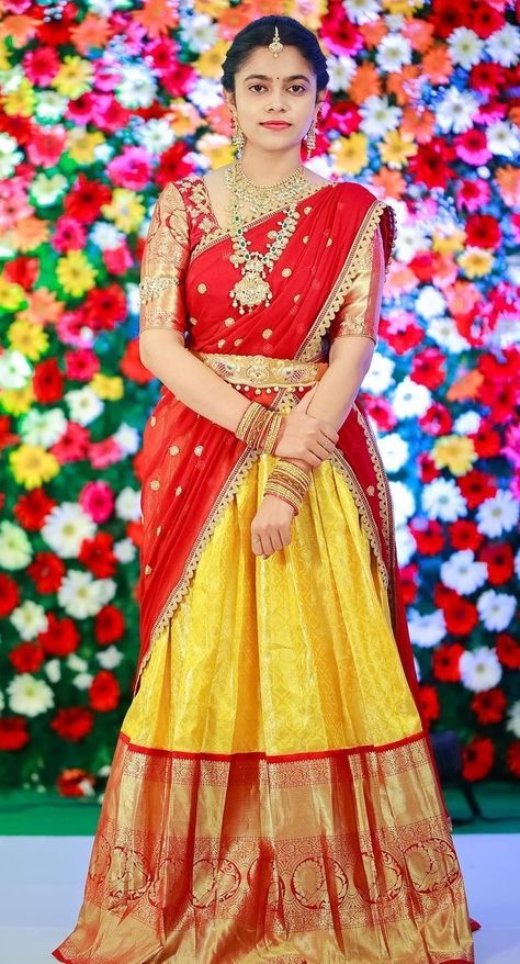 Langa Voni Half Saree, Yu Gi Oh Cards, Langa Voni, Half Saree Function, Lehenga Saree Design, Long Frock Designs, Bridal Sarees South Indian, Half Saree Lehenga, Long Gown Design