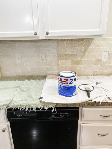 Backsplash Update Diy, Painting Backsplash White, Paint Brick Backsplash Kitchen, Painting Stone Backsplash Diy, Spray Paint Backsplash, Light Cabinets Dark Backsplash, Painted Ceramic Tile Backsplash, Remove Old Backsplash Tile, How To Whitewash Tile Backsplash