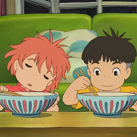 Ponyo Eating Ramen, Ponyo And Sousuke, Sasuke Older, Anime Ponyo, Ghibli Ponyo, Ghibli Scenes, Heisei Retro, Sketches Dresses, Ghibli Art