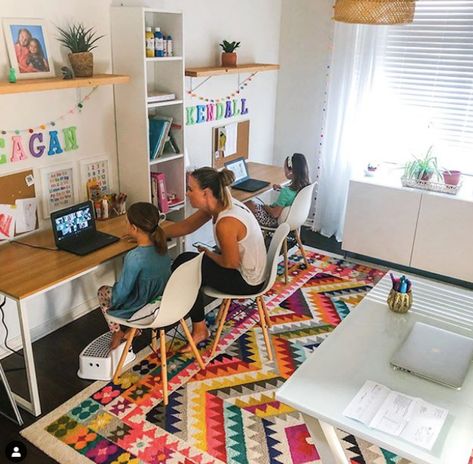 Homework Space In Living Room, Homework Board For Home, Homeschool Rooms Design, Ikea Kids Office, Kindergarten Desk Setup At Home, Homeschool Basement Ideas, Narrow Classroom Setup, Home Office Homework Room, Play And Study Room Ideas