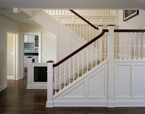 interior staircase design white newel post ideas house entry ideas Craftsman Stairs, U Shaped Stairs, Craftsman Staircase, Stairs Trim, White Staircase, Open Stairs, Traditional Staircase, Knee Wall, Entry Stairs