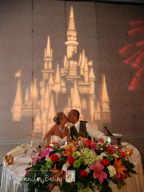 Projector magic for any type of party decor or backdrop.  Interesting. Disney Princess Wedding, Disney Inspired Wedding, Tema Disney, Disney Wedding Theme, Disney Weddings, Disney Fairy Tale Weddings, Cinderella Wedding, Themed Weddings, Lighting Decor