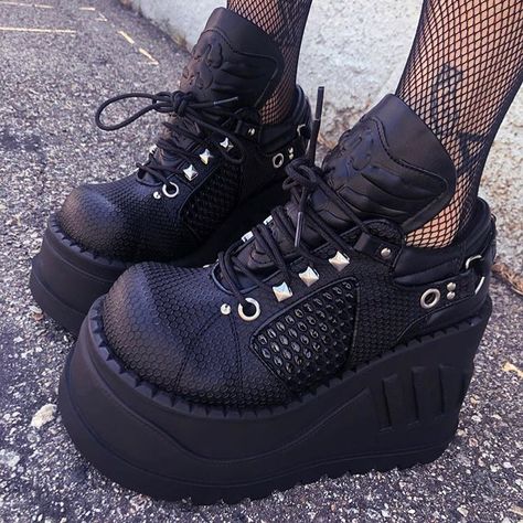 Cybergoth Fashion, Soul Crushing, Goth Things, Demonia Shoes, Oc Stuff, High Heel Wedges, Shoe Inspo, Alt Fashion, Indie Kids