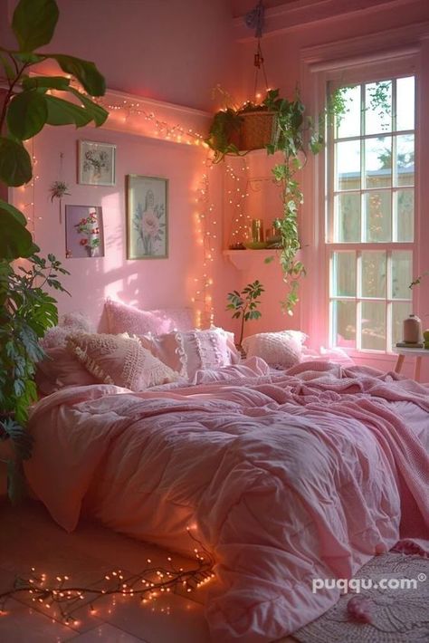 Pink Room With Green Accents, Pink Wall Bedroom Ideas For Women, Cute Bedding Aesthetic Pink, Bedroom Ideas For Small Rooms Pink, Apartment Bedroom Decor Pink, Cute Pink Bedroom Aesthetic, Light Pink Room Walls, Dark Pink Room Aesthetic, Pink Wall Bedroom Ideas