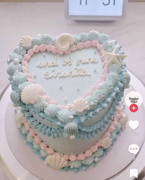 Mermaid Heart Cake, Blue Mermaid Cake, Ocean Birthday Cakes, Summer Birthday Cake, Beach Birthday Cake, Seashell Cake, Heart Birthday Cake, 14th Birthday Cakes, Vintage Birthday Cakes