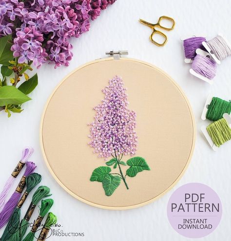 Embroidery Purple Flowers, Lilac Embroidery Designs, Embroidery Lavender Pattern, Lavender Pattern Embroidery, Lilac Embroidery Patterns, Name Embroidery, Floral Embroidery Patterns, French Knot, Sewing Embroidery Designs