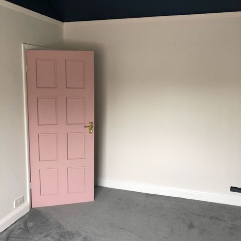 Pink Bedroom Door Ideas, Pink Woodwork Bedroom, Pink Door Bedroom, Pink Fitted Wardrobes, Pink Bedroom Door, Dark Blue Ceiling, Farrow And Ball Hague Blue, Colored Doors, Girls Bedroom Sets