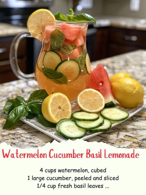 The Savory Secrets Society | Watermelon Cucumber Basil Lemonade | Facebook Cucumber Basil Lemonade, Cucumber Watermelon, Watermelon Basil, Cucumber Basil, Cucumber Lemonade, Basil Lemonade, Alcohol Free Drinks, Lemonade Drinks, Basil Leaves