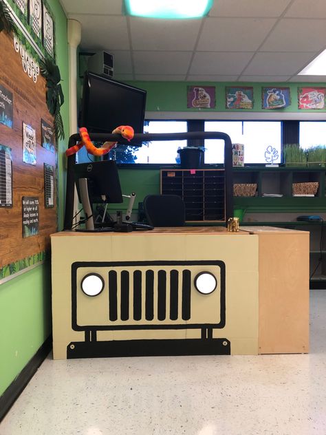 Jungle Theme Classroom, Teacher Desk, Classroom Transformation, Jungle Theme, Classroom Setup, Classroom Themes, Classroom Decorations, Savannah Chat, Home Appliances