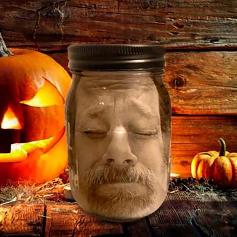 PERSONALIZE YOUR FACE IN A JAR #halloweengifts #halloween #trickortreat #halloweendecor #handmade #etsy #halloweengift #etsyshop #decoration #halloweentreats #spooky #faceinjar #faceinmasonjar #masonjar Over The Hill Party, Halloween Decorations Party Scary, Head In A Jar, Indoor Halloween Decorations, Halloween Mason Jars, Creepy Photos, Creepy Decor, Creepy Halloween Decorations, Easy Halloween Decorations