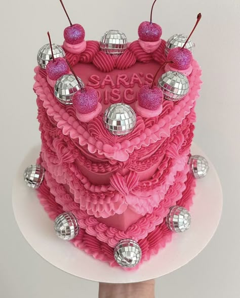 Pink Disco Cake, Disco Ghost, Bridal Shower Tea Party Theme, Disco Cake, 19 Birthday, Party Like Gatsby, Cake Design Ideas, Whimsical Birthday, Cake Design Inspiration