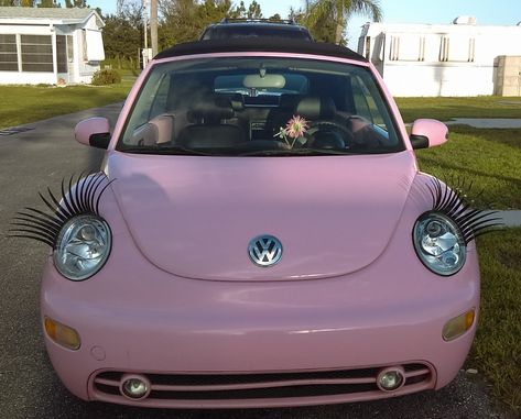 Volkswagen Beetle Eyelashes, Pink Car With Eyelashes, Pink Convertible Beetle, Pink Buggy Car, Pink Beatles Car, Pink Volkswagen Beetle Convertible, 2014 Beetle Volkswagen, Pink Punch Buggy, Cute Volkswagen Beetle