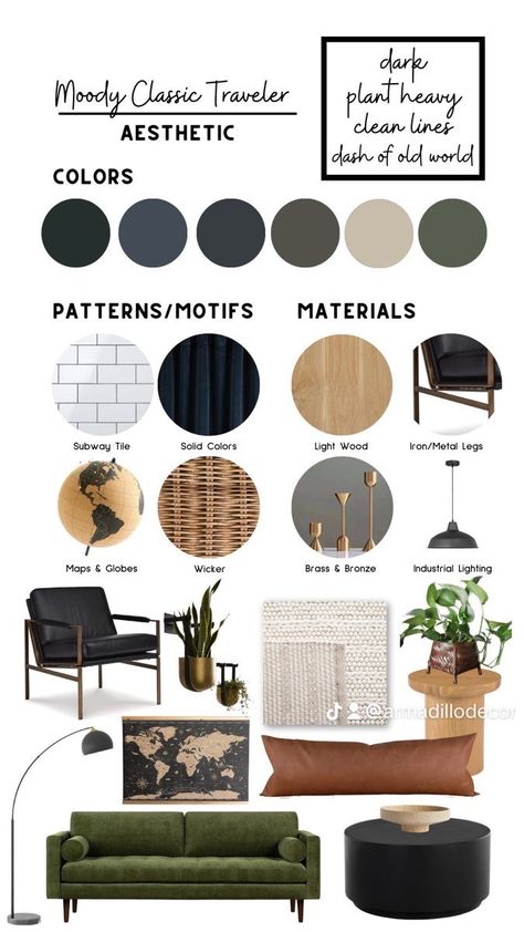 Moody Home Decor Kitchen, Moody Contemporary Interior Design, Boho Modern Industrial, Modern Industrial Mood Board Interior Design, Apartment Color Schemes Black, Rustic Modern Color Scheme, Organic Modern Decor Gray Couch, Modern Boho Basement, Cozy Modern Home Aesthetic