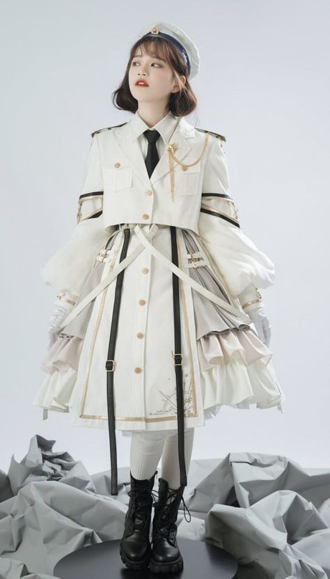 Defend the Cuteness Military Lolita Blouse, Jacket and Skirt Set Gaun Abad Pertengahan, Military Dresses, Lolita Outfits, Navy Military, Futuristic Fashion, Fancy Outfits, Kawaii Clothes, Cosplay Outfits, Lolita Dress