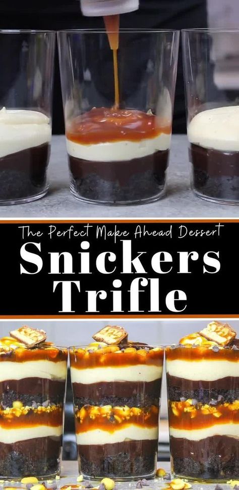 Snickers Trifle, Mason Jar Desserts Recipes, Dessert Shooters Recipes, Peanut Butter Caramel, Smores Dessert, Dessert Cups Recipes, Mini Dessert Recipes, Mason Jar Desserts, Mini Dessert Cups