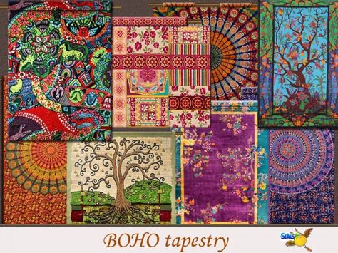 The Sims Resource: Boho Tapestry set by evi • Sims 4 Downloads Ts4 Boho Cc, Sims 4 Cc Bohemian, Ts4 Tapestry Cc, Hippie Furniture, Sims 4 Bedroom, Sims 4 Clutter, Boho Tapestry, David Sims, Free Sims 4