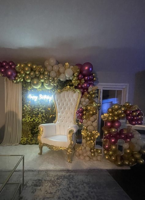 Thrown Chair Backdrop, Peacock Chair Balloon Garland, Quince Throne Chair Decor, Shimmer Backdrop, Sweet 16 Backdrop, 16 Backdrop, Gold Throne Chair, Mosaic Numbers, Black And Gold Throne Chair