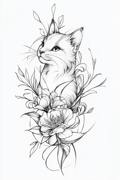 A detailed tattoo sketch of a cat surrounded by flowers, perfect for nature-inspired printable tattoo designs. Tattoo Ideas Stencil Free Printable, Cat Thigh Tattoo, Best Tattoo Stencils, Cat And Flower Tattoo, Neo Traditional Cat, Floral Cat Tattoo, White Cat Tattoo, Realistic Cat Tattoo, Tattoo Designs Drawings Sketches