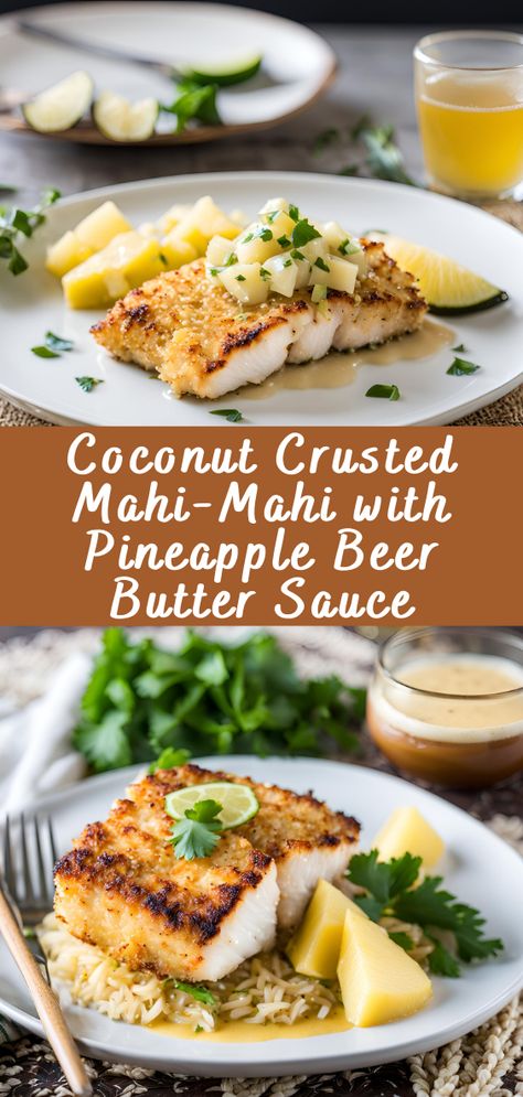 Macadamia Crusted Mahi Mahi, Coconut Crusted Mahi Mahi, Healthy Mahi Mahi Recipes, Tropical Food Ideas, Fish Meal Ideas, Mahi Mahi Recipes Baked, Beer Butter, Easy Vacation Meals, Pineapple Beer