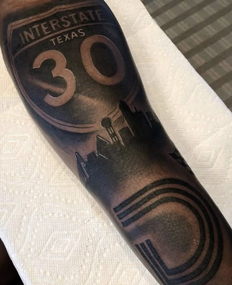 I-95 Tattoo, Dallas Skyline Tattoo Ideas, Houston Tx Tattoos Ideas, Dallas Tx Tattoo Ideas, Dallas Tattoo Ideas For Men, Texas Tattoo For Men Sleeve, Dallas Texas Tattoo For Men, Interstate Tattoo, Houston Tattoos Sleeve