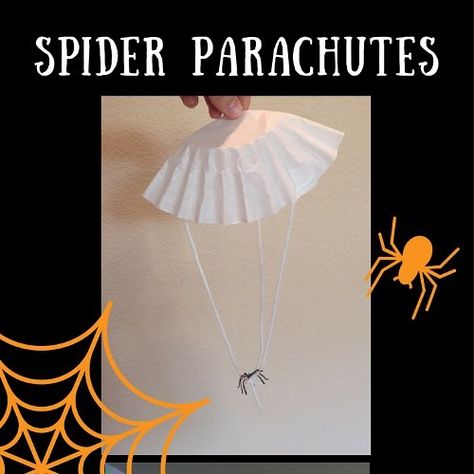 Spider Parachutes are going down (or up!) with my kids this week! . Spiderlings of some spider species make parachutes out of their silk in order to dispersea process called ballooning. In doing this spiders have traveled from a few meters to hundreds of kilometers!  Soon after hatching the spiderlings stand on their tippy-toes and release a few strands of silk. These strands automatically form a triangular shaped parachute that catches the breeze and lifts them in the air! . YOUR MISSION: MAKE Spider Parachute Stem, Spider Parachute, Playgroup Themes, Make Spider Web, Halloween Stem Activities, Spider Activities, Spider Species, Halloween Stem, Steam Ideas