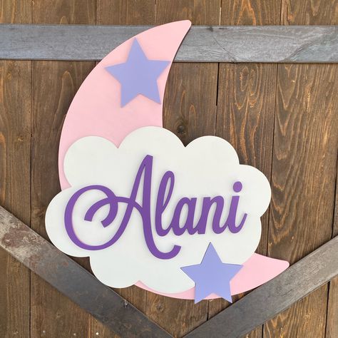 Custom Moon and Clouds Name Sign You are a star and will dream big, reach for the clouds, and touch the moon along the way my little one. This name sign features a whimsical moon and stars design. Our handmade 3D name sign is perfect for a custom touch to any room. Personalization's Include: First Name and color, Moon color, Stars color Clouds will remain White Please add the entire First Name and double check spelling We use quality one-quarter-inch Red Oak Wood; this wood has amazing strength Luna Name, Space Themed Name Sign, Disney Name Signs For Nursery, Mermaid Name Sign, Unicorn Name Sign, Wooden Clouds Nursery Wall Art, Cloud Nursery Decor, Balloon Clouds, Name Decorations