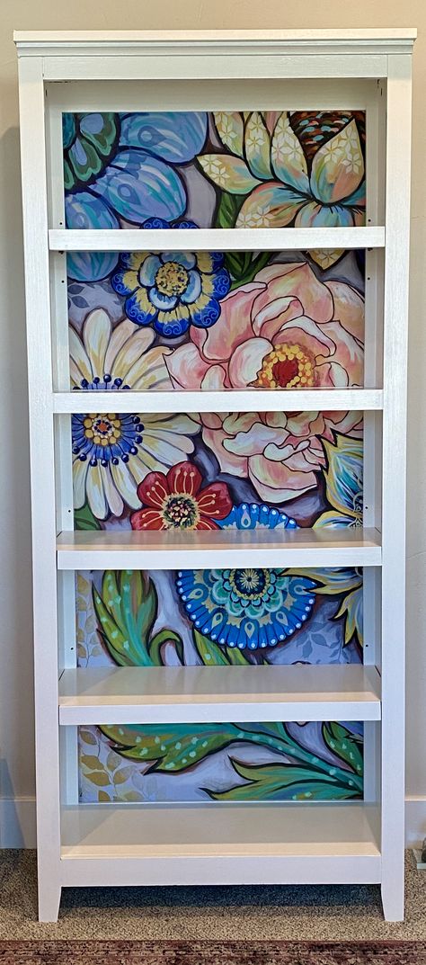 Refurbished Shelf Bookcases, Painting Shelf Ideas, Painted Bookcase With Wallpaper, Diy Paint Bookshelf, Painted Wall Shelf Ideas, Painting Bookshelves Ideas, Painting Shelf Ideas Diy, Book Shelf Painting Ideas, Painted Bookcase Ideas Colour