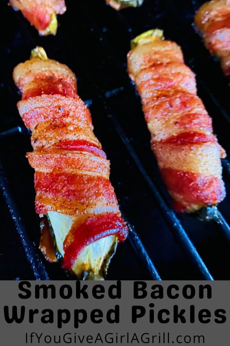 bacon wrapped pickles on the smoker Smoked Stuffed Pickles, Smoked Pickle Poppers, Bacon Wrapped Pickles On Smoker, Halloween Smoker Recipes, Smoker Christmas Recipes, Bacon Wrapped Jalapenos In Smoker, Smoker Recipes Appetizers, Smoked Bacon Wrapped Pickles, Smoked Food Recipes Appetizers