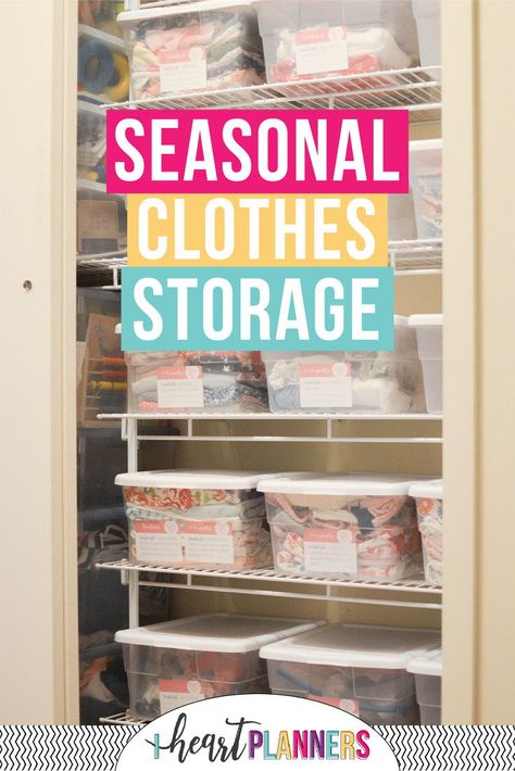 Some great tips and ideas for how to store seasonal clothes - for both kids and adults to avoid closet clutter. Keep your off season clothes organized will help make it easier to choose what to wear each day. Seasonal Wardrobe Storage, Storage For Seasonal Clothes, Organize Seasonal Clothes, How To Organize Seasonal Clothes, Storing Summer Clothes, Winter Clothing Storage, Off Season Clothes Storage Ideas, Storing Off Season Clothing, How To Store Seasonal Clothes