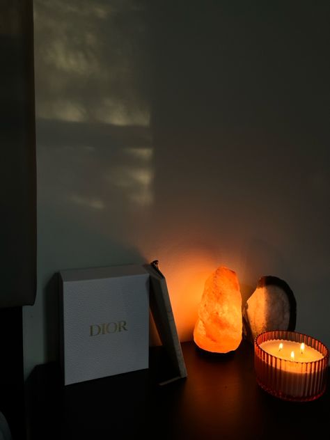 Aesthetic room decor with himalayan salt lamp Dior Chanel Candle making Chanel Candles, Natural Crystals Rocks, Salt Rock Lamp, Lamp Candle, Salt Lamps, Himalayan Salt Lamp, Salt Lamp, Rock Salt, Candle Lamp