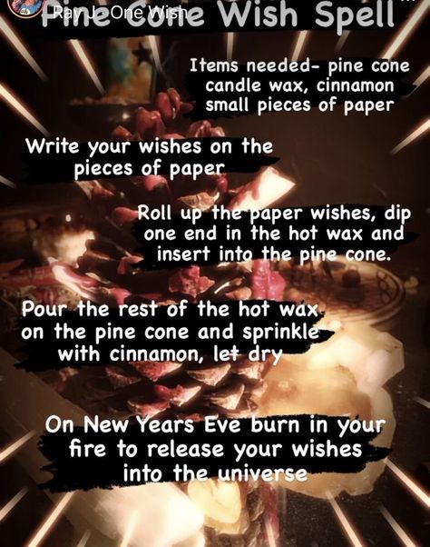 Pine Cones In Witchcraft, Pinecone Spells, Yule Wishing Pine Cone, Pine Cone Magic, Yule Pinecone Wish, New Years Spells, Christmas Spells, Baby Witch Spells, New Year Spell