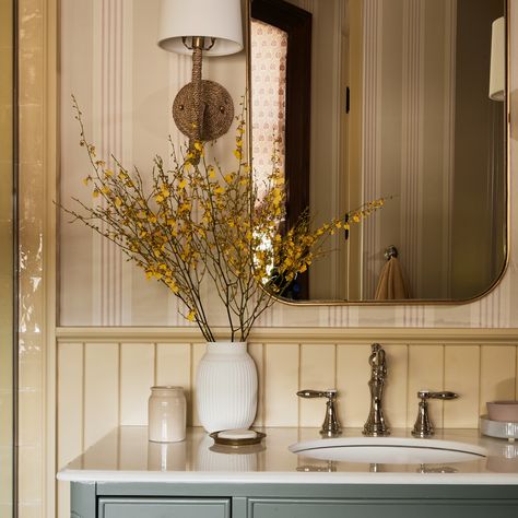 The Expert - From Mustard to Mellow: Experts Dish on the Best Shades of Yellow Ashley Montgomery Design, Benjamin Moore Yellow, Ashley Montgomery, Yellow Paint Colors, Painted Bathroom, Gold Tapestry, Paint And Paper Library, Yellow Bathrooms, Top Interior Designers