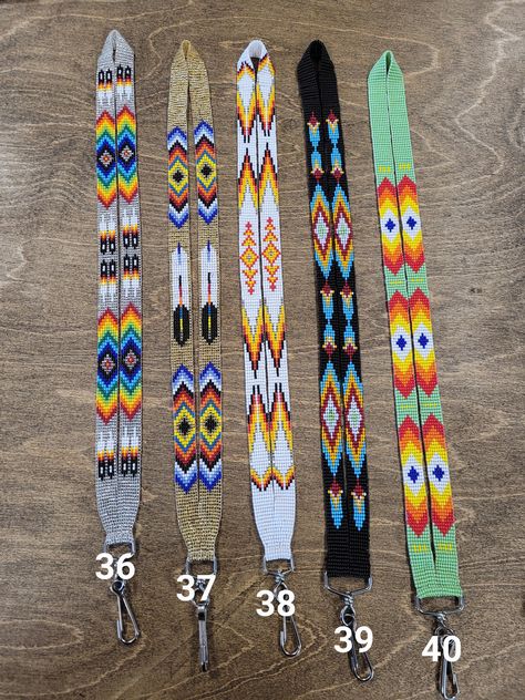 Check out these unique loom beaded lanyards.  The detail is just incredible. They are approximately 18" in length from the nape of neck to top of clasp. Badge holder clip is another 2 1/2" in length. Some vary in length slightly, color may vary slightly due to lighting. Seed Bead Lanyard Patterns, Lanyard Design Ideas, Beaded Barettes, Loom Beaded Necklace, Beaded Sunglasses, Indian Beadwork, Native American Beadwork Patterns, Native Beading, Native Beading Patterns