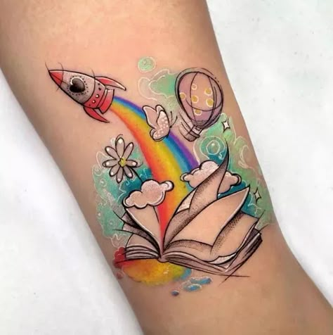 Reading Rainbow Tattoo, Open Book Tattoo, Stripe Tattoo, Rainbow Tattoo, Watercolor Tattoo Ideas, Finger Tattoos For Couples, Book Tattoos, Butterfly Tattoos On Arm, Beetle Tattoo