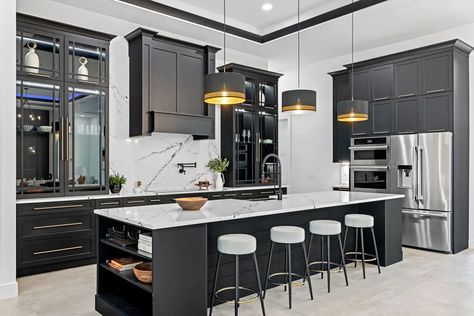 Oakleigh™ Modern Black Countertops Kitchen, Charcoal Cabinets White Countertops, Black Condo Kitchen, Black Cabinets Quartz Countertops, Black Transitional Kitchen, Black White And Gray Kitchen Ideas, Down Home Fab Kitchen, Black And White Open Concept, Black Cabinet With Black Hardware