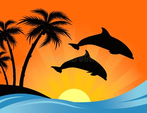 Dolphin Sunset. Two dolphin silhouettes leaping over swelling waves in front of , #SPONSORED, #swelling, #leaping, #front, #waves, #Sunset #ad Dolphin Sunset, Dolphin Silhouette, Waves Sunset, Dolphin Painting, Surf Painting, Dolphin Art, Landscape Painting Tutorial, Watercolor Beginner, Water Drawing