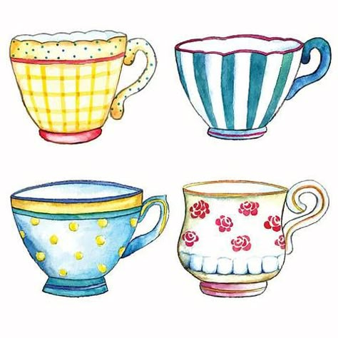 Tea Cups Watercolor, Drawing Cup, Tea Cup Drawing, Colorful Tea Cups, Watercolor Tea, Tea Cup Art, Dining Room Decoration, Coffee Cup Art, White Backgrounds