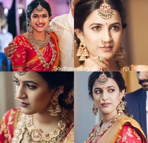 Niharika Konidela's engagement jewellery - Indian Jewellery Designs Latest Wedding Jewellery Designs, Saree With Kundan Jewellery, Red Kanjeevaram Saree, Engagement Jewellery Indian, Bride Pics, Niharika Konidela, Engagement Jewellery, Marriage Jewellery, Latest Indian Jewellery