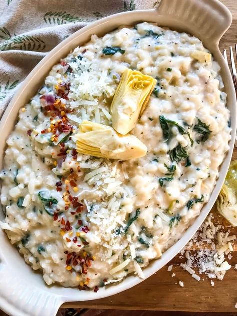 Spinach Artichoke Shrimp, Cheesy Rice Recipes, Risotto Recipes Vegetarian, Artichoke Risotto, Spinach Artichoke Recipes, Italian Side Dish, Meal Vegetarian, Vegetarian Risotto, Italian Side Dishes