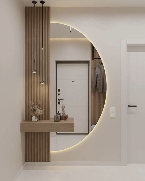 Furniture For Entrance Hall, Modern House Interior Entrance, Entrance Hall Ideas Mirror, House Entrance Wall Design, Modern House Entrance Interior, Home Entrance Ideas Entryway Modern, Entryway Ideas With Mirror, Entrance Furniture Modern, Hall Ideas Modern