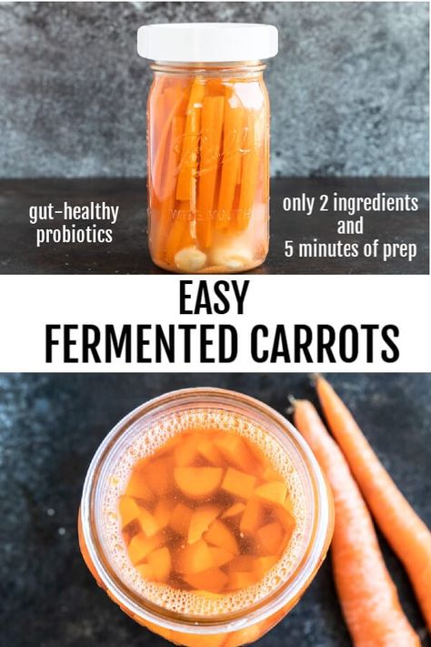 Fermenting your own food has never been so easy. Just 2 simple ingredients + 5 minutes of prep = fermented carrots the whole family will LOVE. #fermentedfoods #fermentedcarrots #guthealth #probiotics #fermentation #lacto-fermentation Lactofermentation Recipes, Fermenting Carrots, Fermented Carrots, Fermentation Jar, Lacto Fermentation, Primal Living, Fermenting Recipes, Fermenting Vegetables, Kimchi Recipes