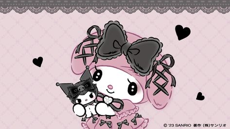 Gothic My Melody, Emo My Melody, Jirai Kei Wallpaper Desktop, Black And Pink Desktop Wallpaper, Jirai Kei Banner, Kuromi Ipad Wallpaper, My Melo And Kuromi, Goth My Melody, Kuromi Desktop Wallpaper