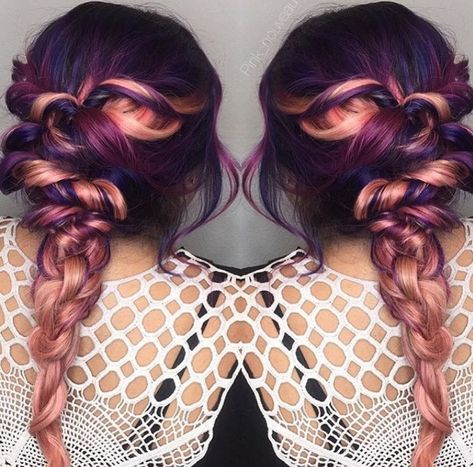 Purple orange Coral and braid Orange To Blonde Hair, Hair Colorful, Hair Color Rose Gold, Hair Color Purple, Rose Gold Hair, New Hair Colors, Hair Inspiration Color, Orange Hair, Gold Hair