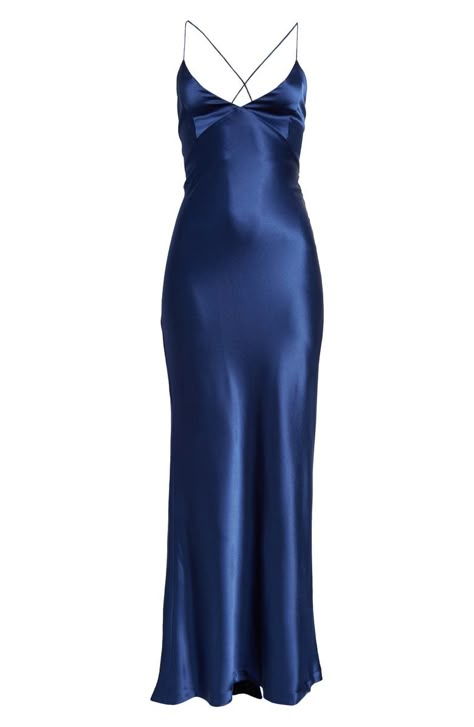 Summon flirty energy in this stunning satin slipdress with a lace-up open back and a drapey detail in the back that looks like an abbreviated train Navy Satin Dress, Cobalt Dress, Prom Dress Inspo, Lil Black Dress, Blue Silk Dress, Cute Prom Dresses, Satin Prom Dress, Grad Dresses, Hoco Dresses