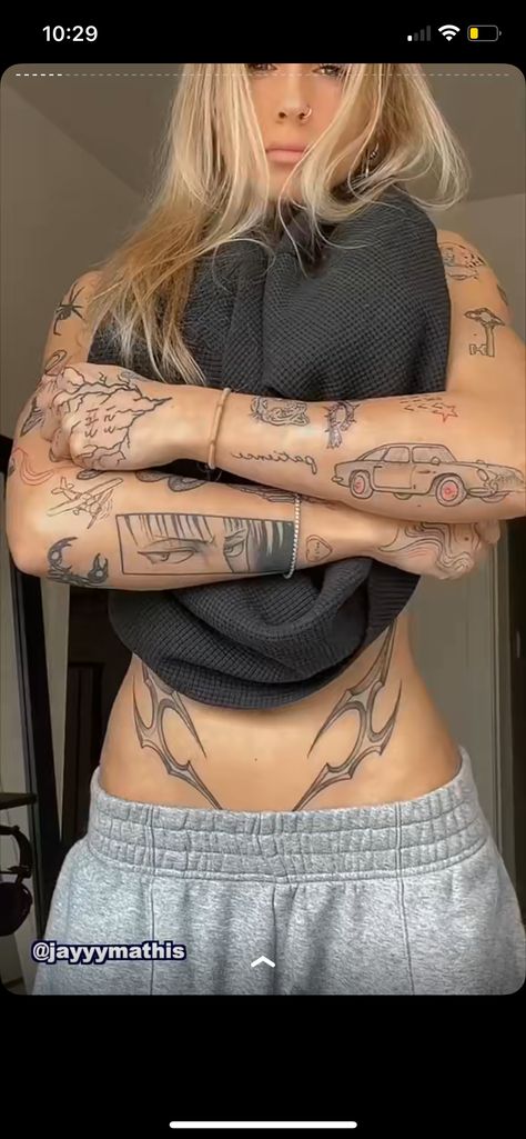 Womens Patchwork Sleeve Tattoo, Masc Tattoos For Women, Uncommon Tattoos For Women, Women Tattoo Arm, Tattoo Ideas Female Words, Female Arm Tattoo, Scattered Tattoos Sleeve Women, Mixed Style Tattoo Sleeve, Tattoo Of A Woman