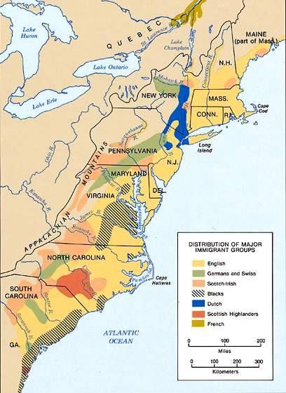 Distribution of major immigrant groups in North America, 18th century.